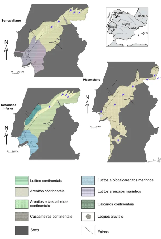 Fig. 3: Reconstituições paleogeográficas da Bacia do Baixo Tejo, do Luteciano ao Langhiano
