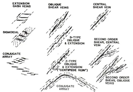 Figura 2.4 – Geometria comum das mineralizações (Bursnall et al, 1989, segundo Hodgson, 1989)