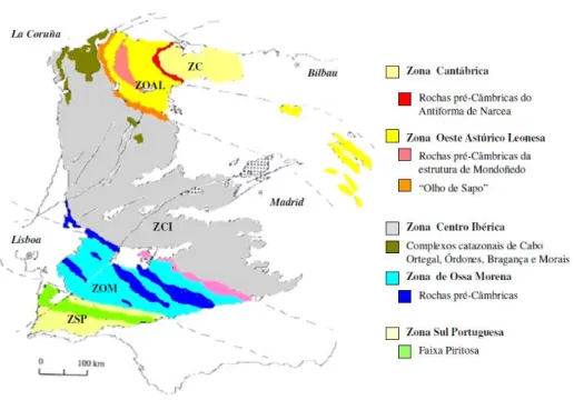 Figura 3.1 – O Maciço Ibérico e sua subdivisão em zonas, em função das suas características estratigráficas,  tectónicas e petrológicas