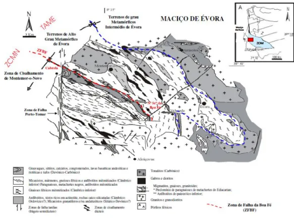 Figura 3.2 – Mapa geológico simplificado do Maciço de Évora, onde se podem observar as principais unidades  tectónicas desta estrutura: Zona de Cisalhamento de Montemor-o-Novo, Terrenos de Alto Grau Metamórfico de 