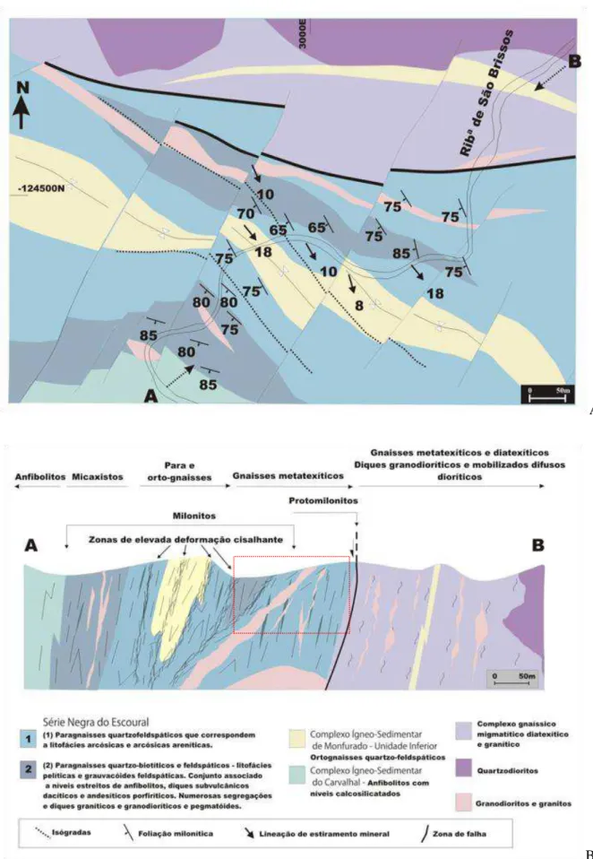 Figura 3.4  –  Mapa (A) e corte geológico (B) esquemático do sector de Casas Novas  –  Nossa Senhora da Boa Fé  (Adaptado de Chichorro, 2006) 