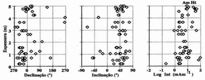 Fig. 5 - Representação dos valores de declinação, inclinação c intensidade relat ivos ao perfil de Cemache 2 (4 