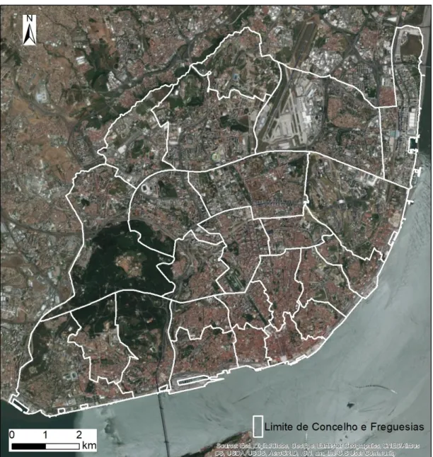 Figura 4.1 – Mapa com o limite de concelho de Lisboa e limites de freguesias. 