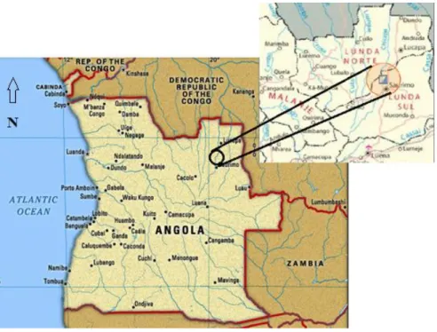 Figura 4.1 Localização do aproveitamento na província da Lunda Sul, Angola  (Adaptado de [22,23])  