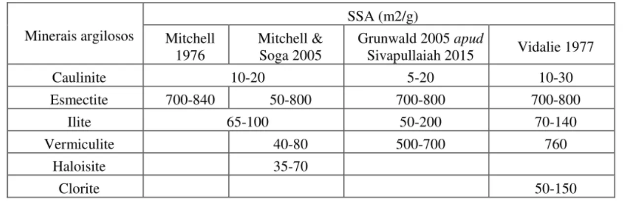 Tabela 2.1 Área da superfície específica (SSA) dos minerais argilosos 