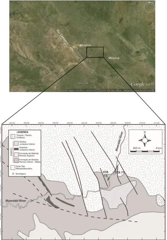 Figura 2.6: Localização geográfica das sondagens no vale do rio Muarádzi, na Bacia de Moatize-Minjova (adaptado de Google  Earth, 2.09.2015) e Mapa geológico simplificado da Bacia de Moatize, Moçambique, com a localização das sondagens estudadas,  ETA 15 e