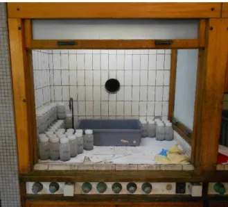 Figura 3.4: Frascos de Teflon® com amostras em tratamento, com banho ácido (HF e HCl)  dentro de uma hotte de laboratório