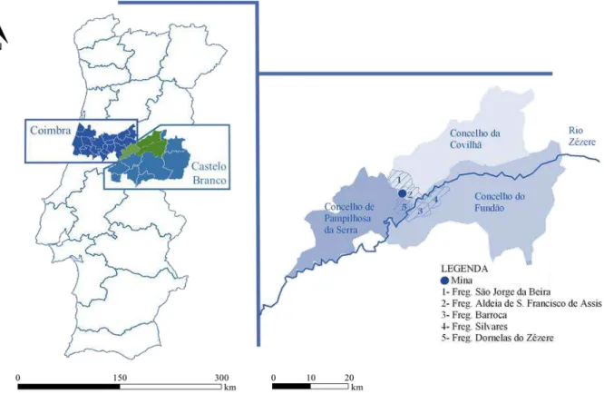 Figura 2.1 – Enquadramento geográfico da mina. Adaptado de Valente &amp; Figueiredo (2008)