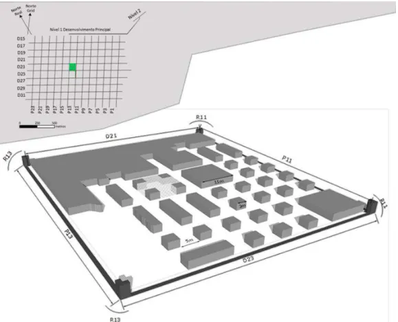 Figura 2.17 – Vista 3D do desmonte entre as drives 21 e 23 e os painéis 11 e 13. Adaptado de Franco, Vieira &amp; 