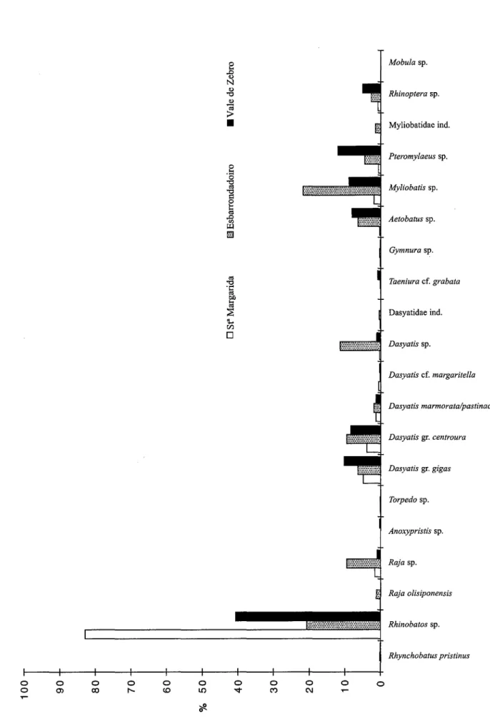 Fig. 3 - Fréquence relative des espèces de raies (s.l.) dans le bassin d'Alvalade.