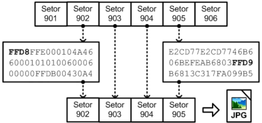 Figura 2.7: Blocos de dados são analisados para extrair um arquivo JPG (adaptada de Carrier (2005)).