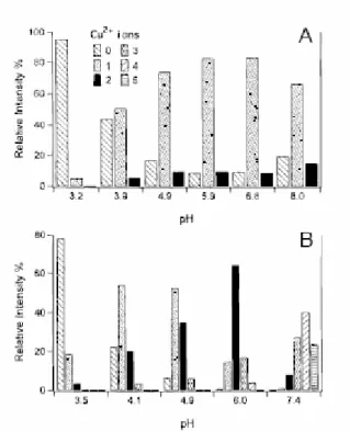 Figura  10  -  Estudo  da  variação  do  pH  e  o  número  de  íons  cobre(II)  ligados  Ac- Ac-(PHGGGWGQ) 4 -NH 2 .(A)  Adição  de  10  M  de  CuSO 4 