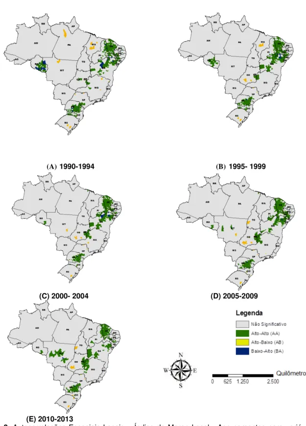 Figura  2.  Autocorrelações  Espaciais  Locais  –  Índice  de  Moran  Local  -  Agrupamentos  para  variável  Área Colhida (ha) de Feijão (1990-2013) – Períodos (A) 1990-1994, (B) 1995 -1999, (C) 2000-2004,  (D) 2005-2009 e (E) 2010-2013