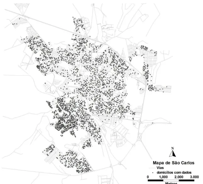 Figura 5.3 Mapa de São Carlos com distribuição dos domicílios pesquisados 