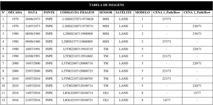 Tabela 2 - tabela de imagens escolhidas para serem analisadas neste estudo 