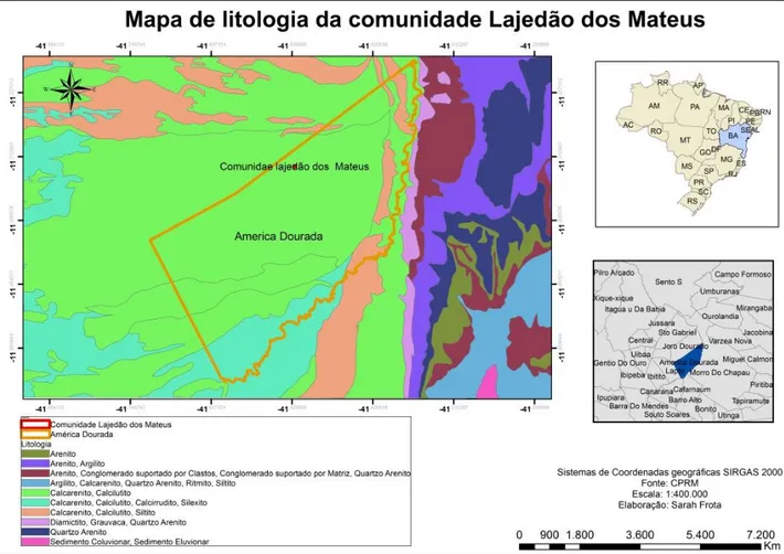 Figura  9  -  Mapa  geológico/litológico  da  região  onde  está  localizada  a  comunidade  Lajedão dos Mateus, Bahia