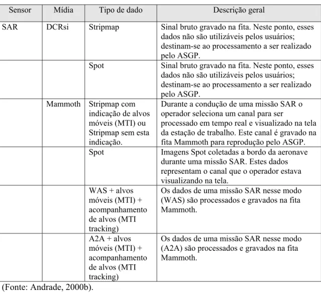 Tabela 5 – Tipos de dados da aeronave de sensoriamento remoto da FAB. 