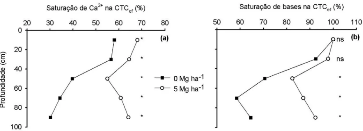 Figura 5.8: Saturação de cálcio na CTC efetiva (a) e saturação de bases na CTC efetiva  (b), em cinco profundidades (0-20; 20-40; 40-60; 60-80 e 80-100 cm) de um Latossolo  Vermelho, após terceira soca em resposta a doses de gesso aplicado no plantio da ca