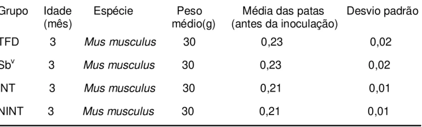 Tabela  01.    Medida  das  patas  e  pesos  dos  animais  antes  da  inoculação  com  Leishmania )L.) amazonensis 