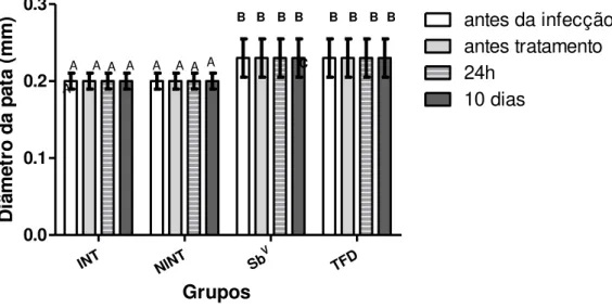 Gráfico  01-  Distribuição  dos  diâmetros  das  patas  (mm)  dos    animais  segundo  o  grupo experimental e  o tempo  de tratamento