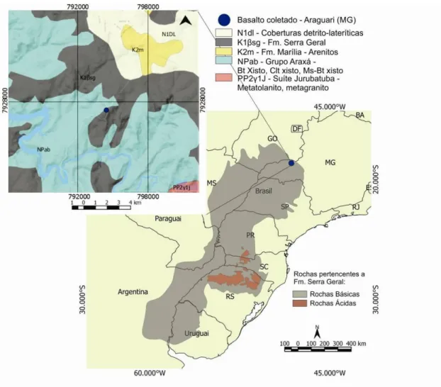 Figura 3.3 - Distribuição das rochas vulcânicas da Formação Serra Geral. Notar a direção NNE-SSW e o  predomínio  de  rochas  basálticas