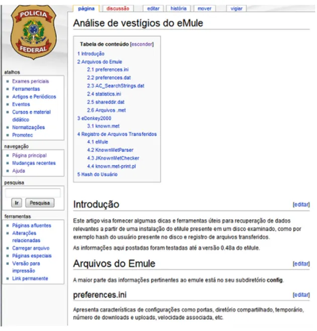 Figura 5-5: Página na Wiki contendo os procedimentos periciais referentes ao Emule. 