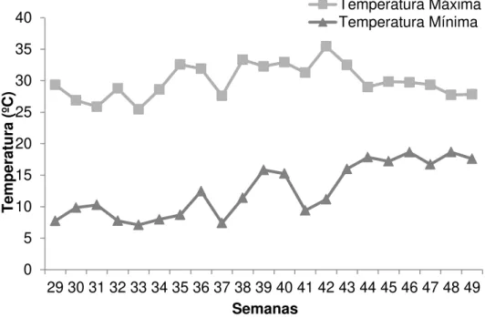 Figura  2  –  Registros  de  temperatura  máxima  e  mínima  referente  ao  experimento  I,  no  período  de  julho-dezembro de 2014, da estação meteorológica da propriedade, Distrito Federal