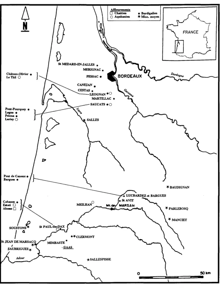 Fig. 2 - Carte de localisation des principaux gisements à Glycymeris.