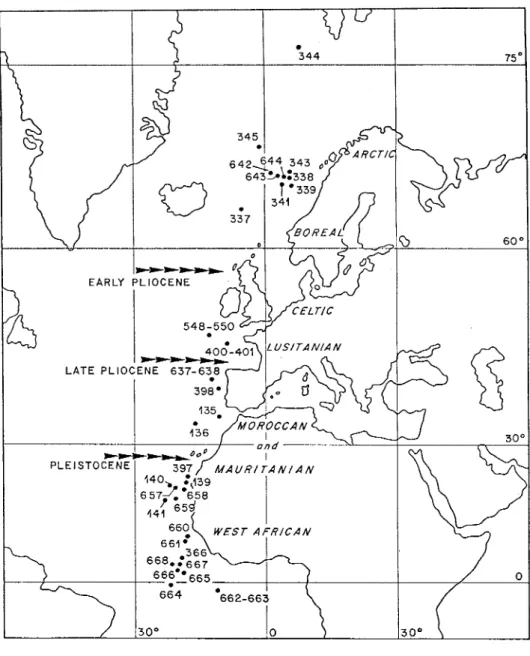 Fig. 1 - General map of the Northeastern Atlantic frontage with calcareous nannofossil data (after Roth &amp; Thierstein, 1972; MUller, 1976; Samtleben, 1977; Blechschmidt, 1979; Cepek &amp; Wind, 1979; MUller, 1979; MUller, 1985; Pujos, 1985; Wei et al., 
