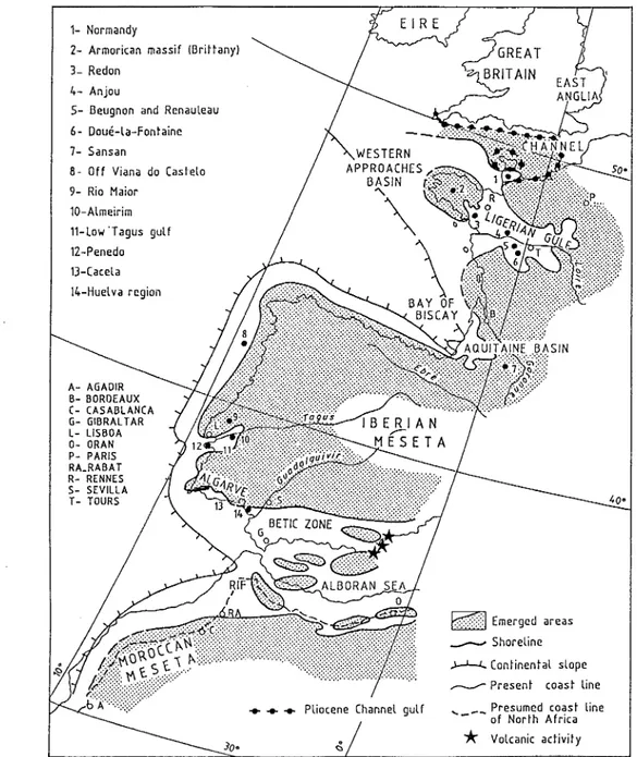 Fig. 2 - Map of the Middle Miocene, which is the most transgressive time on the Northeastern Atlanticfrontage (Alvinerie et al., 1992, fig