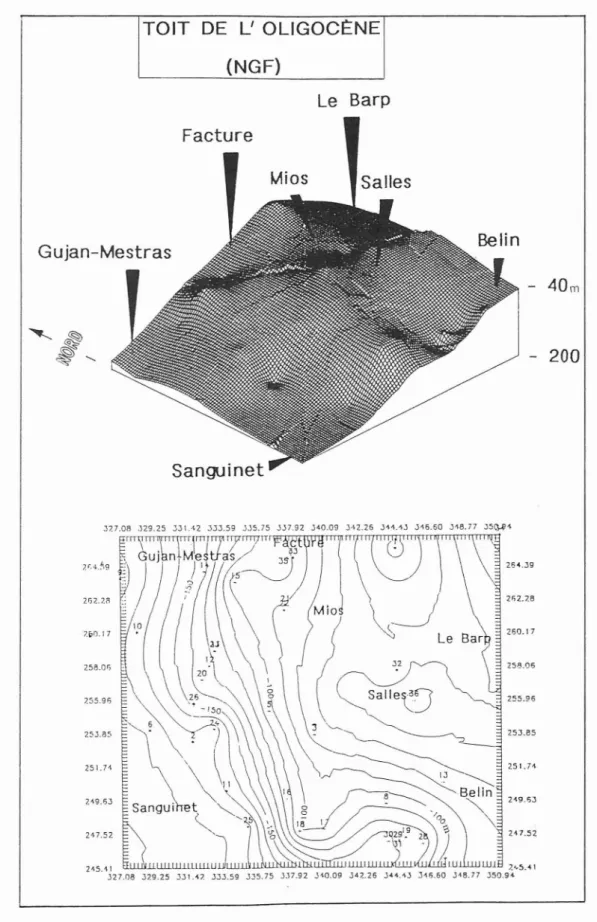 Fig. 2 - Courbes isobathes et reconstitution de la morphologie du toit de l'Oligocène Fig 2 - Isobaths and morphology reconstruct ion of the Oligocene top.