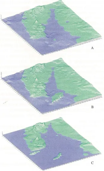Figure  3.- A)  Paleogeograph ic  model  of the  terminal  part  of the  Lower  Tagu s  Basin  during  Lower  Aq uit anian  (ca.23Ma)