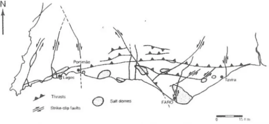 Fig.  2  - Main  tectonic  accidents  of  Atgarve  ( R IBEIRO  et  al. .  1990. 