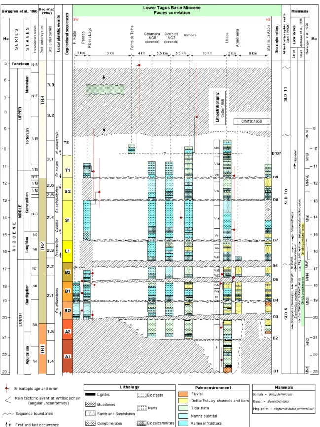 Figure  4  –  Stratigraphic  framework  for  the  Miocene  of  the  distal  part  of  the  Lower  Tagus  Basin  (Antunes  et  al.,  2000; modified in this paper)