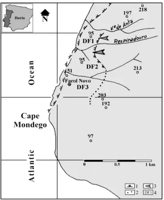 Fig.  1   –  Simplified  map  of  Ca pe  Mondego.  (1)  Marine  paleocliffs  and  slopes;  (2)  Infered  position  of  marine  paleocliifs;  (3)  Main  influx  direction  of  Pleistocene  detritic  sediments and; (4) Location of the exposures DF1, DF2 and 