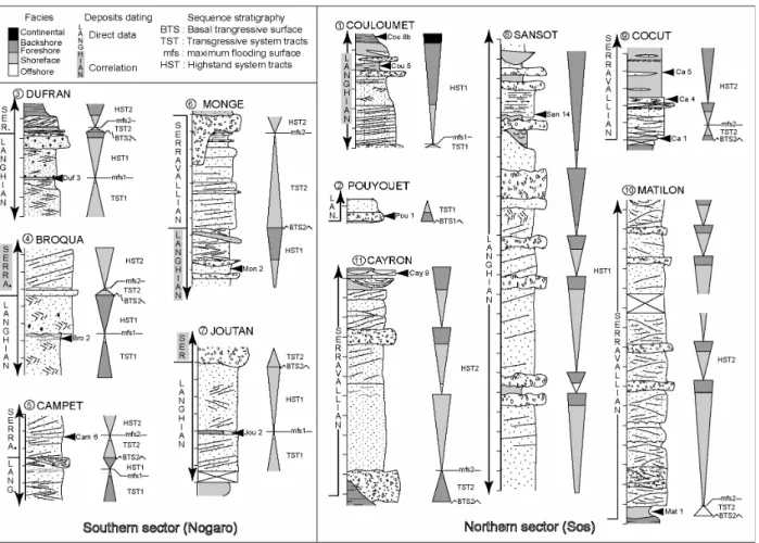 Fig. 3 –  Synthetic logs and samples location in the studied outcrops.