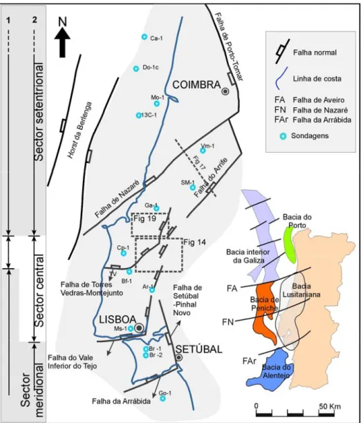 Fig. 1 - Enquadramento geográfico e tectónico da Bacia Lusitaniana e de outras bacias da Margem Ocidental Ibérica