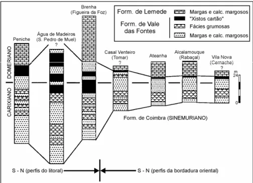Fig. 5 - Variações laterais de fácies e  de espessuras das Formações de  Vale das Fontes e de Lemede  (Rocha et al., 1996, mod.)