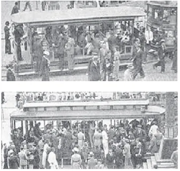 Fig. 15 e 16: O único meio de transporte organizado na cidade: os bondes e a frequente superlotação, década de 1920.