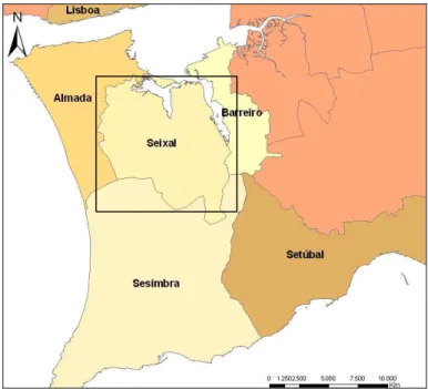 Figura 1.2 – Os concelhos da Península de Setúbal, com destaque para a área de estudo 
