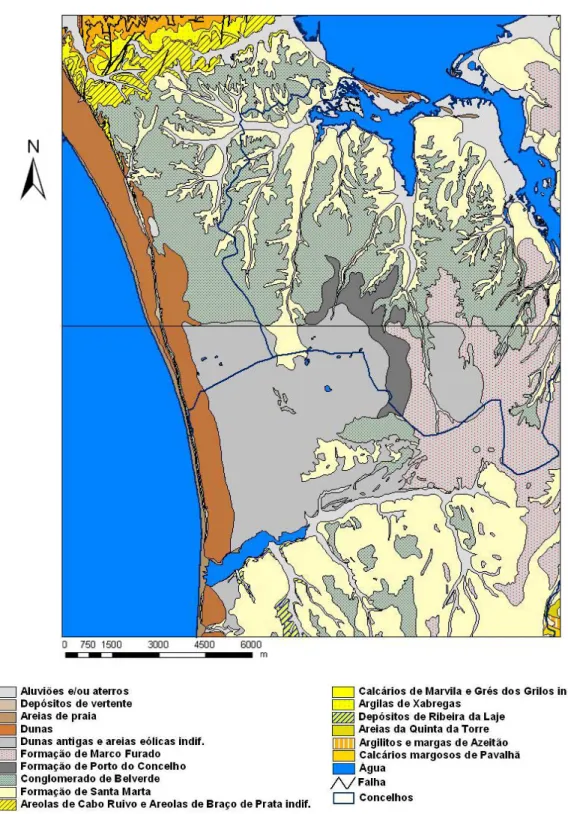 Figura 3.1 – Geologia da região do norte da Península de Setúbal, dos concelhos do Seixal, Almada e Sesimbra  (adaptado de Costa, 2006) 