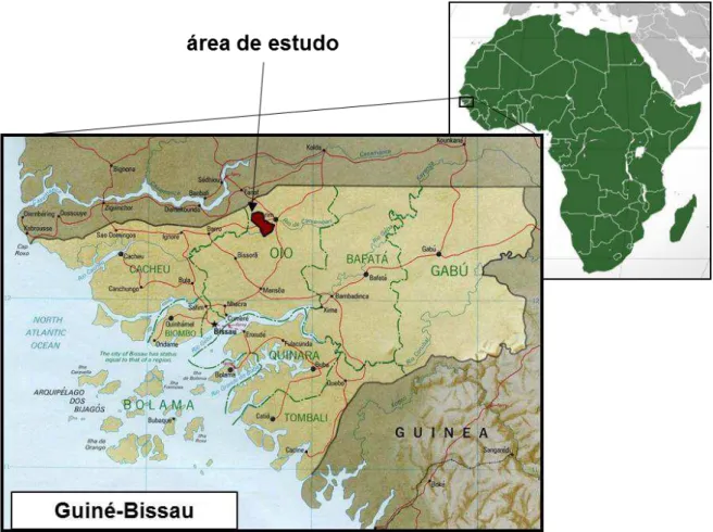 Figura 2.1 – Localização da área de estudo na Guiné-Bissau. A forma da poligonal foi retirada de BRGM (1983)  e Prian et al (1987)
