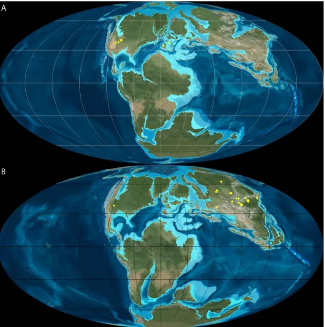 Figure  9:  Paleobiogeography  distributions  of  choristoderes  in  the  Late  Jurassic  (A,  150  Ma)  and  the  Early  Cretaceous (B, 120 Ma) using the data from PaleoBiology  Database