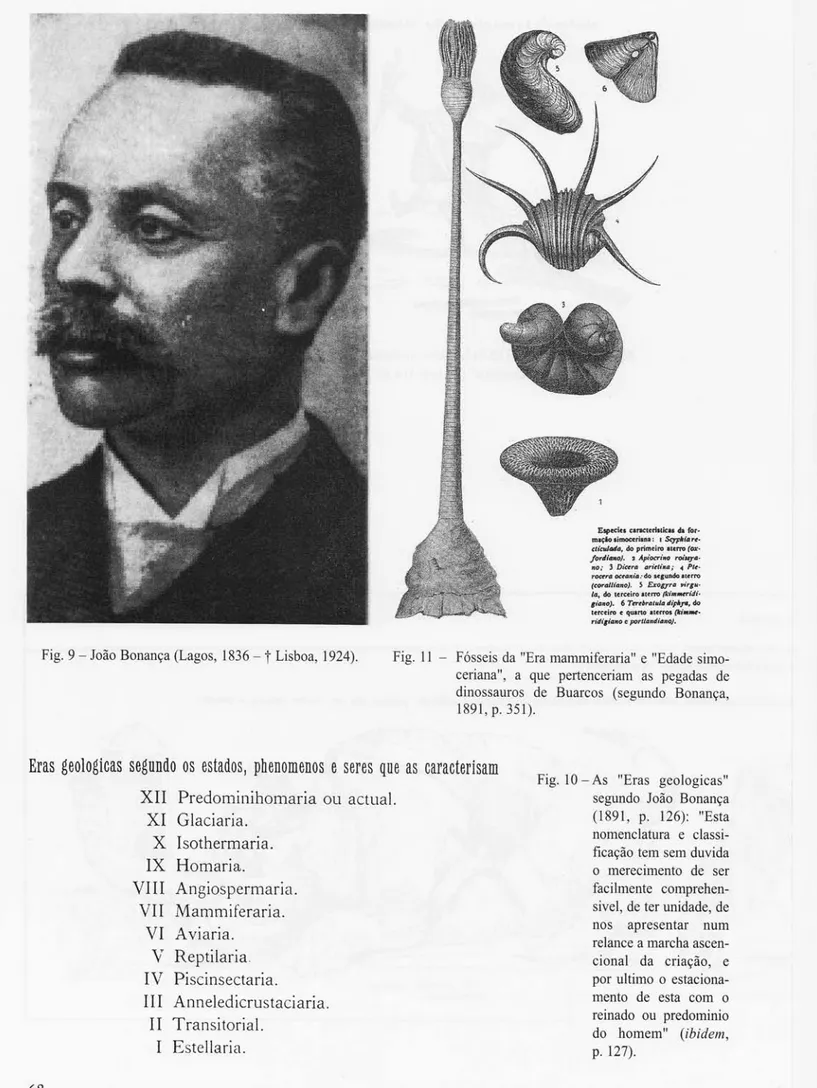 Fig. 9 - João Bonança (Lagos, 1836 - t Lisboa, 1924). Fig. II - Fósseis da &#34;Era mammiferaria&#34; e &#34;Edade simo- simo-ceriana&#34;, a que pertenceriam as pegadas de dinossauros de Buarcos (segundo Bonança, 1891 , p