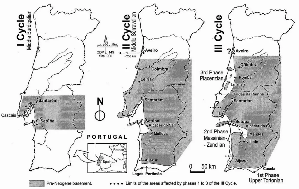 Fig. 2 - Paleogeographic maps of the maximum transgressive events of the Neogene of Portugal