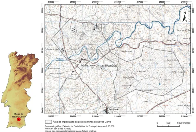 Figura 2.1 – Localização da zona de estudo - Carta Militar 1:50 000 Beja, 46-3 Almodôvar (adaptado  de www.igeoe.pt)