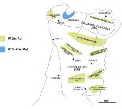 Figure 2.5 – Map showing the W and Sn potential areas in Portugal with mineralizations (Martins, 2012)