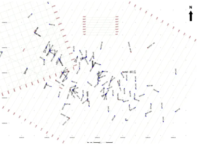 Figure 3.13 – Sketch showing the drill-holes distribution through the study area (adapted from Colt, 2014)