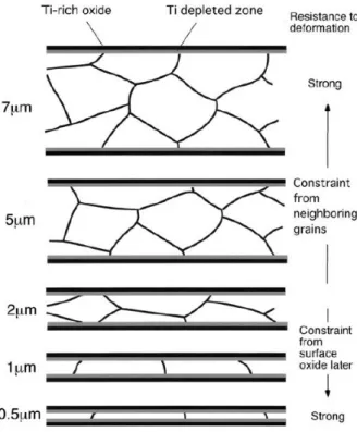 Fig. 1.38: Cross-sections of crystallized Ti-50.0at%Ni films with different thicknesses and  strengthening mechanisms of films [136]