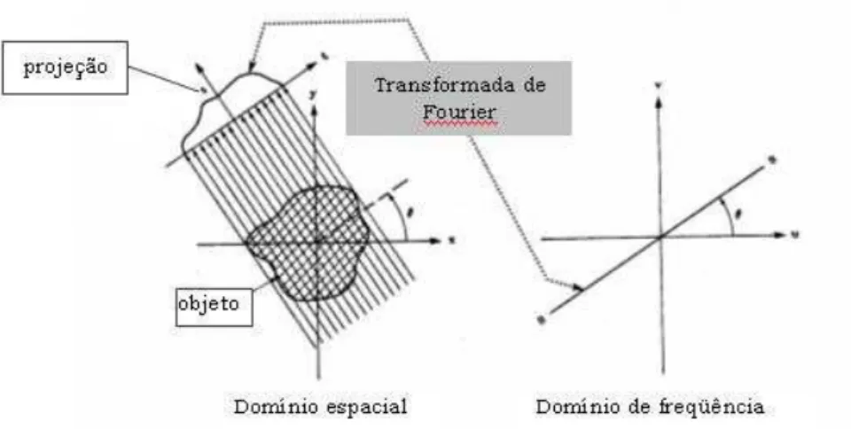 Figura 7 A transformada de Fourier de uma projeção é a transformada de Fourier do objeto  ao longo de uma linha radial